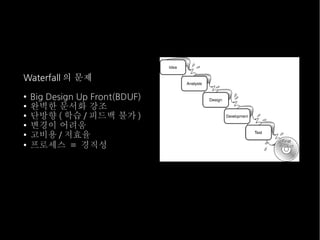 Waterfall 의 문제
●
●
●
●
●
●

Big Design Up Front(BDUF)
완벽한 문서화 강조
단방향 ( 학습 / 피드백 불가 )
변경이 어려움
고비용 / 저효율
프로세스 = 경직성

 