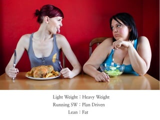 Light v.s Heavy ?

Light Weight : Heavy Weight
Running SW : Plan Driven
Lean : Fat

 