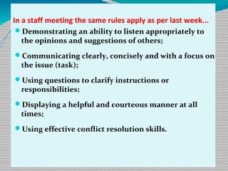 In a staff meeting the same rules apply as per last week...
Demonstrating an ability to listen appropriately to
the opinions and suggestions of others;
Communicating clearly, concisely and with a focus on
the issue (task);
Using questions to clarify instructions or
responsibilities;
Displaying a helpful and courteous manner at all
times;
Using effective conflict resolution skills.
 