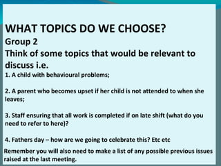 WHAT TOPICS DO WE CHOOSE?
Group 2
Think of some topics that would be relevant to
discuss i.e.
1. A child with behavioural problems;
2. A parent who becomes upset if her child is not attended to when she
leaves;
3. Staff ensuring that all work is completed if on late shift (what do you
need to refer to here)?
4. Fathers day – how are we going to celebrate this? Etc etc
Remember you will also need to make a list of any possible previous issues
raised at the last meeting.
 