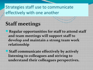 Strategies staff use to communicate
effectively with one another
Staff meetings
Regular opportunities for staff to attend staff
and team meetings will support staff to
develop and maintain a strong team work
relationship
Staff communicate effectively by actively
listening to colleagues and striving to
understand their colleagues perspectives.
 