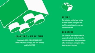 P L A Y T I M E = W O R K T I M E
This is the time you’ll be busy working
on clients’ projects. During this time
you’ll be required to perform your core
responsibilities well.
U P T I M E
This is the time when the pressure is low,
you get a breather to do other things like
research, experiments, playing around with
office infrastructure, learning new skills...
Make the most of this time!
D O W N T I M E
If playing with ICONS, HTMLS, DESIGNS, CODES,
MOBILE APPS makes you happy, then work time here
would be PLAY TIME
 