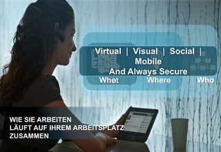 Virtual | Visual | Social |
                              Mobile
                        And Always Secure
                     Who
                     What        Where       Who



WIE SIE ARBEITEN
LÄUFT AUF IHREM ARBEITSPLATZ
ZUSAMMEN
 