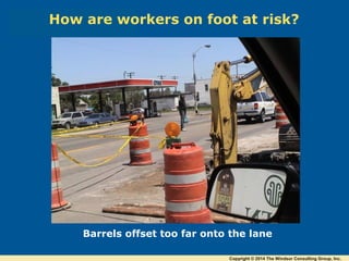 Barrels offset too far onto the lane
How are workers on foot at risk?
Copyright © 2014 The Windsor Consulting Group, Inc.
 