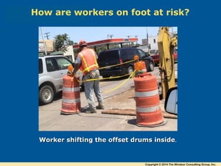 Worker shifting the offset drums insideWorker shifting the offset drums inside.
How are workers on foot at risk?
Copyright © 2014 The Windsor Consulting Group, Inc.
 