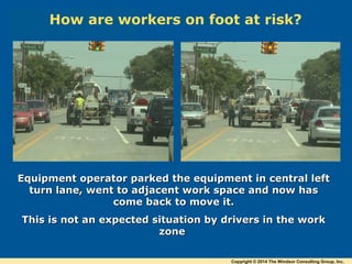 Equipment operator parked the equipment in central leftEquipment operator parked the equipment in central left
turn lane, went to adjacent work space and now hasturn lane, went to adjacent work space and now has
come back to move it.come back to move it.
This is not an expected situation by drivers in the workThis is not an expected situation by drivers in the work
zonezone
How are workers on foot at risk?
Copyright © 2014 The Windsor Consulting Group, Inc.
 