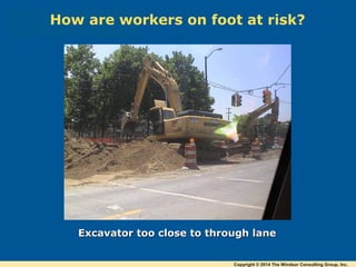Excavator too close to through laneExcavator too close to through lane
How are workers on foot at risk?
Copyright © 2014 The Windsor Consulting Group, Inc.
 
