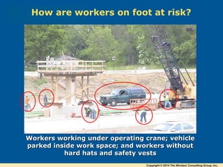 Workers working under operating crane; vehicleWorkers working under operating crane; vehicle
parked inside work space; and workers withoutparked inside work space; and workers without
hard hats and safety vestshard hats and safety vests
How are workers on foot at risk?
Copyright © 2014 The Windsor Consulting Group, Inc.
 