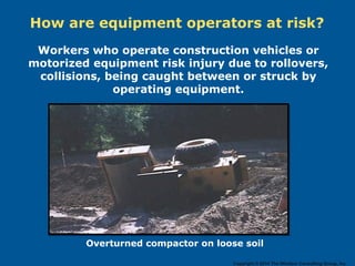How are equipment operators at risk?
Workers who operate construction vehicles or
motorized equipment risk injury due to rollovers,
collisions, being caught between or struck by
operating equipment.
Overturned compactor on loose soil
Copyright © 2014 The Windsor Consulting Group, Inc.
 