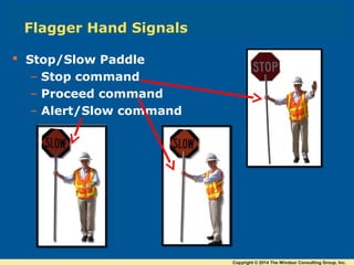 Flagger Hand Signals
 Stop/Slow Paddle
– Stop command
– Proceed command
– Alert/Slow command
Copyright © 2014 The Windsor Consulting Group, Inc.
 