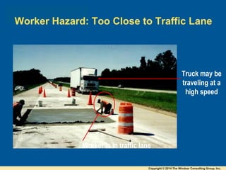 Truck may be
traveling at a
high speed
Worker is in traffic lane
Worker Hazard: Too Close to Traffic Lane
Copyright © 2014 The Windsor Consulting Group, Inc.
 