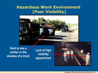 Hazardous Work Environment
(Poor Visibility)
Hard to see a
worker in the
shadow of a truck
Lack of high
visibility
apparel/vest
Copyright © 2014 The Windsor Consulting Group, Inc.
 