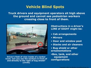 Vehicle Blind Spots
Driver's field of view inside of a tanker
truck. Can you see the workers in front of
and directly to the right of bug shield?
(circle)
Truck drivers and equipment operators sit high above
the ground and cannot see pedestrian workers
crossing close to front of them.
Obstructions in a driver’s
LINE of SIGHT might be:
• Cab arrangements
• Mirrors
• Door and window post
• Stacks and air cleaners
• Bug shield or other
ornamentations
•Box, tank, and other
equipment
configurations
Copyright © 2014 The Windsor Consulting Group, Inc.
 