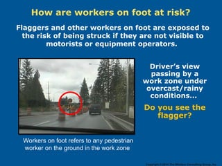 How are workers on foot at risk?
Flaggers and other workers on foot are exposed to
the risk of being struck if they are not visible to
motorists or equipment operators.
Workers on foot refers to any pedestrian
worker on the ground in the work zone
Driver’s view
passing by a
work zone under
overcast/rainy
conditions...
Do you see the
flagger?
Copyright © 2014 The Windsor Consulting Group, Inc.
 