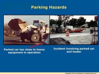 Parked car too close to heavy
equipment in operation
Incident involving parked car
and loader
Parking Hazards
Copyright © 2014 The Windsor Consulting Group, Inc.
 