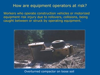 How are equipment operators at risk?
Workers who operate construction vehicles or motorized
equipment risk injury due to rollovers, collisions, being
caught between or struck by operating equipment.
Overturned compactor on loose soil
 