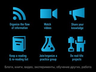 Organize the flow      Watch             Share your
    of information        videos            knowledge




   Keep a reading      Join/organize a     Do real-life
   & re-reading list   practice group       projects

Блоги, книги, видео, эксперименты, обучение других, работа
 