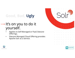 © 2001-2019 Sitecore Corporation A/S. Sitecore® and Own the Experience® are registered trademarks of Sitecore Corporation A/S. All other brand names are the property of their respective owners.
It’s on you to do it
yourself.
• Applies to Self-Managed or PaaS Sitecore
Offerings.
• Sitecore Managed Cloud Offering provides
Apache Solr as a Service.
Good, Bad, Ugly
 