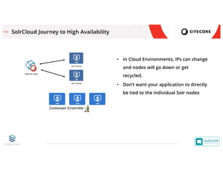 © 2001-2019 Sitecore Corporation A/S. Sitecore® and Own the Experience® are registered trademarks of Sitecore Corporation A/S. All other brand names are the property of their respective owners.
SolrCloud Journey to High Availability
• In Cloud Environments, IPs can change
and nodes will go down or get
recycled.
• Don’t want your application to directly
be tied to the individual Solr nodes
 