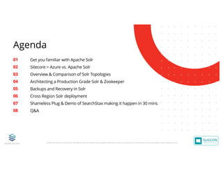 © 2001-2019 Sitecore Corporation A/S. Sitecore® and Own the Experience® are registered trademarks of Sitecore Corporation A/S. All other brand names are the property of their respective owners.
01
02
03
04
05
06
07
08
Get you familiar with Apache Solr
Sitecore > Azure vs. Apache Solr
Overview & Comparison of Solr Topologies
Architecting a Production Grade Solr & Zookeeper
Backups and Recovery in Solr
Cross Region Solr deployment
Shameless Plug & Demo of SearchStax making it happen in 30 mins
Q&A
Agenda
 