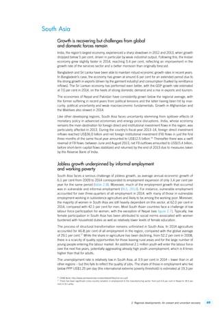 492. Regional developments: An uneven and uncertain recovery
South Asia
Growth is recovering but challenges from global
and domestic forces remain
India, the region’s largest economy, experienced a sharp slowdown in 2012 and 2013, when growth
dropped below 5 per cent, driven in particular by weak industrial output. Following this, the Indian
economy grew slightly faster in 2014, reaching 5.4 per cent, reflecting an improvement in the
growth rate of the services sector and a better monsoon than originally forecast.
Bangladesh and Sri Lanka have been able to maintain robust economic growth rates in recent years.
In Bangladesh’s case, the economy has grown at around 6 per cent for an extended period due to
the strong growth in exports (driven by the garment industry) and consumption (fuelled by remittance
inflows). The Sri Lankan economy has performed even better, with the GDP growth rate estimated
at 7.0 per cent in 2014, on the heels of strong domestic demand and a rise in exports and tourism.
The economies of Nepal and Pakistan have consistently grown below the regional average, with
the former suffering in recent years from political tensions and the latter having been hit by inse-
curity, political uncertainty and weak macroeconomic fundamentals. Growth in Afghanistan and
the Maldives also slowed in 2014.
Like other developing regions, South Asia faces uncertainty stemming from spillover effects of
monetary policy in advanced economies and energy price disruptions. India, whose economy
remains the main destination for foreign direct and institutional investment flows in the region, was
particularly affected in 2013. During the country’s fiscal year 2013–14, foreign direct investment
inflows reached US$36.0 billion and net foreign institutional investment (FII) flows in just the first
three months of the same fiscal year amounted to US$12.5 billion.26
Thereafter there was a swift
reversal of FII flows: between June and August 2013, net FII outflows amounted to US$15.4 billion,
before short-term capital flows stabilized and returned by the end of 2013 due to measures taken
by the Reserve Bank of India.
Jobless growth underpinned by informal employment
and working poverty
South Asia faces a serious challenge of jobless growth, as average annual economic growth of
6.1 per cent from 2009 to 2014 corresponded to employment expansion of only 1.4 per cent per
year for the same period (table 2.8). Moreover, much of the employment growth that occurred
was in vulnerable and informal employment (IILS, 2013). For instance, vulnerable employment
accounted for over three-quarters of all employment in 2014, with many of those in vulnerable
employment working in subsistence agriculture and likely to be among the working poor. Moreover,
the majority of women in South Asia are still heavily dependent on this sector, at 62.0 per cent in
2014, compared with 42.1 per cent for men. Most South Asian countries face a challenge of low
labour force participation for women, with the exception of Nepal (see figure 2.7). Typically, low
female participation in South Asia has been attributed to social norms associated with women
burdened with household duties as well as relatively lower levels of female education.
The process of structural transformation remains unfinished in South Asia. In 2014 agriculture
accounted for 46.8 per cent of all employment in the region, compared with the global average
of 29.1 per cent.27
While the share in agriculture has been declining, from 52.2 per cent in 2008,
there is a scarcity of quality opportunities for those leaving rural areas and for the large number of
young people entering the labour market. An additional 2.1 million youth will enter the labour force
over the next five years, potentially aggravating already high youth unemployment, which is 4 times
higher than that for adults.
The unemployment rate is relatively low in South Asia, at 3.9 per cent in 2014 – lower than in all
other regions – but this fails to reflect the quality of jobs. The share of those in employment who live
below PPP US$1.25 per day (the international extreme poverty threshold) is estimated at 19.3 per
26
  EXIM Bank, http://www.eximbankindia.in/sites/default/files/ind-eco.pdf.
27
  There has been significant cross-country variation in employment in the manufacturing sector: from just 6.6 per cent in Nepal to 18.5 per
cent in Sri Lanka.
ContentsContents
 