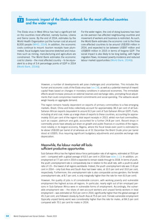 54 World Employment and Social Outlook – Trends 2015
However, a number of developments will pose challenges and uncertainties. This includes the
human and economic costs of the Ebola virus (see box 2.8), as well as a potential reversal of inward
capital flows based on changes in monetary conditions in advanced economies. The immediate
effects would increase pressure on external reserves and exchange rates, prompting fiscal adjust-
ments that could compromise investment commitments and social spending. The setbacks would
weigh heavily on aggregate demand.
The region remains heavily dependent on exports of primary commodities to a few emerging
markets. Brazil, China and India collectively account for approximately 38.3 per cent of all Sub-
Saharan African exports (equivalent to around 8.3 per cent of Sub-Saharan African GDP). Fuels,
including oil and coal, make up a large share of exports to these countries, accounting for approx-
imately 55.6 per cent of the region’s total export receipts in 2013, whilst non-fuel commodities,
such as copper, platinum and gold, accounted for a further 24.8 per cent. Recent drops in
commodity prices have already put strain on growth and public finances in countries of the region,
most notably in its largest economy, Nigeria, where the fiscal break-even point is estimated to
lie above US$100 per barrel of oil whereas as of 31 December the Brent Crude price per barrel
stood at US$55, thus requiring significant budgetary adjustments and possible exchange rate
depreciation.
Meanwhile, the labour market still lacks
sufficient productive opportunities
Sub-Saharan Africa has the highest labour force participation rate of all regions, estimated at 70.9 per
cent – compared with a global average of 63.5 per cent in 2014 (see table 2.11). In addition, un-
employment at 7.7 per cent in 2014 is expected to remain stable through to 2018. In terms of youth,
the youth unemployment rate is comparatively low in relation to the adult rate, with a youth-to-adult
ratio of 1.9 – the lowest of all regions worldwide. Indeed, the youth unemployment rate was 11.8 per
cent in 2014 – only East Asia and South Asia had lower rates, at 10.5 per cent and 10.0 per cent,
respectively. Furthermore, the unemployment rate is also comparable across genders: the female
unemployment rate, at 8.7 per cent, is only marginally higher than the rate for men (6.9 per cent).
However, the quality of jobs is of considerable concern, with working poverty and vulnerable
employment the highest across all regions. In particular, nearly eight out of ten employed per-
sons in Sub-Saharan Africa were in vulnerable forms of employment. Accordingly, the vulner-
able employment rate – the share of own-account workers and unpaid family workers in total
employment – was estimated at 76.6 per cent in 2014, significantly higher than the global average of
45.3 per cent, and followed closely by South Asia at 75.6 per cent. Female vulnerable employment
(typically unpaid family work) was considerably higher than the rate for males, at 84.3 per cent
compared with 70.1 per cent for males in 2014.
Economic impact of the Ebola outbreak for the most affected countries
and the wider region
The Ebola virus in West Africa has had a significant toll
on the countries most affected, namely Guinea, Liberia
and Sierra Leone. By the end of 2014, estimates by the
World Health Organization put the human cost at around
8,000 people (WHO, 2014). In addition, the economic
costs continue to mount: tourism receipts have plum-
meted, fiscal budgets have become stretched and indus-
tries such as mining, manufacturing and agriculture are
constrained. The World Bank estimates the economic
cost to Liberia – the most affected country – to be equiv-
alent to a drop of 3.4 percentage points of GDP in 2014
(World Bank, 2014b).
For the wider region, the cost of doing business has risen
as risk aversion has affected neighbouring countries and
movement of workers and business is restricted. As such,
the World Bank estimates the economic cost to the three
core-affected countries to be around US$359 million in
2014, and expected to be between US$97 million and
US$809 million in 2015 in terms of forgone GDP. The
social impact is also likely to be long lasting, with higher
migration flows, increased poverty incidence and reduced
labour market opportunities (World Bank, 2014b).
2.8
Box
ContentsContents
 