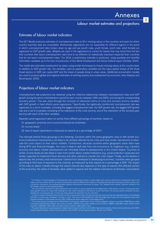 91Annex 2. Labour market estimates and projections
Annexes
2
Labour market estimates and projections
Estimates of labour market indicators
The GET Model produces estimates of unemployment rates to fill in missing values in the countries and years for which
country-reported data are unavailable. Multivariate regressions are run separately for different regions in the world
in which unemployment rates broken down by age and sex (youth male, youth female, adult male, adult female) are
regressed on GDP growth rates. Weights are used in the regressions to correct for biases that may result from the fact
that countries that report unemployment rates tend to be different (in statistically important respects) than countries
that do not report unemployment rates.1
For 2014, a preliminary estimate is produced, using quarterly and monthly
information available up to the time of production of this World Employment and Social Outlook report (October 2014).
The model also estimates employment by status using similar techniques to impute missing values at the country level.
In addition to GDP growth rate, the variables used as explanatory variables are the value added shares of the three
broad sectors in GDP, per capita GDP and the share of people living in urban areas. Additional econometric models
are used to produce global and regional estimates of working poverty and employment by economic class (Kapsos and
Bourmpoula, 2013).
Projections of labour market indicators
Unemployment rate projections are obtained using the historical relationship between unemployment rates and GDP
growth during the worst crisis/downturn period for each country between 1991 and 2005, and during the corresponding
recovery period.2
This was done through the inclusion of interaction terms of crisis and recovery dummy variables
with GDP growth in fixed effects panel regressions.3
Specifically, the logistically transformed unemployment rate was
regressed on a set of covariates, including the lagged unemployment rate, the GDP growth rate, the lagged GDP growth
rate and a set of covariates consisting of the interaction of the crisis dummy, and of the interaction of the recovery-year
dummy with each of the other variables.
Separate panel regressions were run across three different groupings of countries, based on:
(1)	 geographic proximity and economic/institutional similarities;
(2)	income levels;4
(3)	level of export dependence (measured as exports as a percentage of GDP).5
The rationale behind these groupings is the following. Countries within the same geographic area or with similar eco-
nomic/institutional characteristics are likely to be similarly affected by the crisis and have similar mechanisms to atten-
uate the crisis impact on their labour markets. Furthermore, because countries within geographic areas often have
strong WTO and financial linkages, the crisis is likely to spill over from one economy to its neighbour (e.g. Canada’s
economy and labour market developments are intricately linked to developments in the United States). Countries of
similar income levels are also likely to have more similar labour market institutions (e.g. social protection measures) and
similar capacities to implement fiscal stimulus and other policies to counter the crisis impact. Finally, as the decline in
exports was the primary crisis transmission channel from developed to developing economies, countries were grouped
according to their level of exposure to this channel, as measured by their exports as a percentage of GDP. The impact
of the crisis on labour markets through the export channel also depends on the type of exports (the affected sectors
of the economy), the share of domestic value added in exports and the relative importance of domestic consumption
1
  For instance, if simple averages of unemployment rates in reporting countries in a given region were used to estimate the unemployment rate in that
region, and the countries that do not report unemployment rates are different with respect to unemployment rates than reporting countries, without such
a correction mechanism, the resulting estimated regional unemployment rate would be biased. The “weighted least squares” approach adopted in the
GET Model corrects for this potential problem.
2
  The crisis period comprises the span between the year in which a country experienced the largest drop in GDP growth, and the “turning point year”
when growth reached its lowest level following the crisis, before starting to climb back to its pre-crisis level. The recovery period comprises the years
between the “turning point year” and the year when growth has returned to its pre-crisis level.
3
  In order to project unemployment during the current recovery period, the crisis-year and recovery-year dummies were adjusted based on the following
definition: a country was considered “currently in crisis” if the drop in GDP growth after 2007 was larger than 75 per cent of the absolute value of the
standard deviation of GDP growth over the 1991–2008 period and/or larger than 3 percentage points.
4
  The income groups correspond to the World Bank income group classification of four income categories, based on countries’ 2008 GNI per capita
(calculated using the Atlas method): low-income countries, US$975 or less; lower middle-income countries, US$976–US$3,855; upper middle-income
countries, US$3,856–US$11,905; and high-income countries, US$11,906 or more.
5
  The export dependence-based groups are: highest exports (exports ≥70 per cent of GDP); high exports (exports 70 per cent but ≥50 per cent of GDP);
medium exports (exports 50 per cent but ≥20 per cent of GDP); and low exports (exports 20 per cent of GDP).
ContentsContents
 