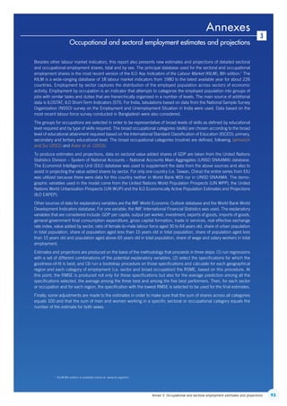 93Annex 3. Occupational and sectoral employment estimates and projections
Annexes
Occupational and sectoral employment estimates and projections
3
Besides other labour market indicators, this report also presents new estimates and projections of detailed sectoral
and occupational employment shares, total and by sex. The principal database used for the sectoral and occupational
employment shares is the most recent version of the ILO Key Indicators of the Labour Market (KILM), 8th edition.1
The
KILM is a wide-ranging database of 18 labour market indicators from 1980 to the latest available year for about 226
countries. Employment by sector captures the distribution of the employed population across sectors of economic
activity. Employment by occupation is an indicator that attempts to categorize the employed population into groups of
jobs with similar tasks and duties that are hierarchically organized in a number of levels. The main source of additional
data is ILOSTAT, ILO Short-Term Indicators (STI). For India, tabulations based on data from the National Sample Survey
Organization (NSSO) survey on the Employment and Unemployment Situation in India were used. Data based on the
most recent labour force survey conducted in Bangladesh were also considered.
The groups for occupations are selected in order to be representative of broad levels of skills as defined by educational
level required and by type of skills required. The broad occupational categories (skills) are chosen according to the broad
level of educational attainment required based on the International Standard Classification of Education (ISCED); primary,
secondary and tertiary educational level. The broad occupational categories (routine) are deﬁned, following Jaimovich
and Siu (2012) and Autor et al. (2003).
To produce estimates and projections, data on sectoral value added shares of GDP are taken from the United Nations
Statistics Division – System of National Accounts – National Accounts Main Aggregates (UNSD SNAAMA) database.
The Economist Intelligence Unit (EIU) database was used to supplement the data from the above sources and also to
assist in projecting the value added shares by sector. For only one country (i.e. Taiwan, China) the entire series from EIU
was utilized because there were data for this country neither in World Bank WDI nor in UNSD SNAAMA. The demo-
graphic variables used in the model come from the United Nations World Population Prospects (UN WPP), the United
Nations World Urbanization Prospects (UN WUP) and the ILO Economically Active Population Estimates and Projections
(ILO EAPEP).
Other sources of data for explanatory variables are the IMF World Economic Outlook database and the World Bank World
Development Indicators database. For one variable, the IMF International Financial Statistics was used. The explanatory
variables that are considered include: GDP per capita, output per worker, investment, exports of goods, imports of goods,
general government final consumption expenditure, gross capital formation, trade in services, real effective exchange
rate index, value added by sector, ratio of female-to-male labour force aged 30 to 64 years old, share of urban population
in total population, share of population aged less than 15 years old in total population, share of population aged less
than 15 years old and population aged above 65 years old in total population, share of wage and salary workers in total
employment.
Estimates and projections are produced on the basis of the methodology that proceeds in three steps: (1) run regressions
with a set of different combinations of the potential explanatory variables; (2) select the specifications for which the
goodness-of-fit is best; and (3) run a bootstrap procedure on those specifications and calculate for each geographical
region and each category of employment (i.e. sector and broad occupation) the RSME, based on this procedure. At
this point, the RMSE is produced not only for these specifications but also for the average prediction among all the
specifications selected, the average among the three best and among the five best performers. Then, for each sector
or occupation and for each region, the specification with the lowest RMSE is selected to be used for the final estimates.
Finally, some adjustments are made to the estimates in order to make sure that the sum of shares across all categories
equals 100 and that the sum of men and women working in a specific sectoral or occupational category equals the
number of the estimate for both sexes.
1
  KILM 8th edition is available online at: www.ilo.org/kilm.
ContentsContents
 