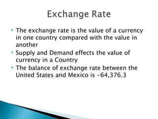 The exchange rate is the value of a currency in one country compared with the value in another Supply and Demand effects the value of currency in a Country The balance of exchange rate between the United States and Mexico is -64,376.3 