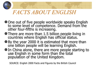 FACTS ABOUT ENGLISH  One out of five people worldwide speaks English to some level of competence. Demand from the other four-fifths is increasing.  There are more than 1.5 billion people living in countries where English has official status.  By the year 2000 it is estimated that more than one billion people will be learning English.  In China alone, there are more people starting to use English in some form than the total population of the United Kingdom.   SOURCE: English 2000 Facts and Figures by the British Council  