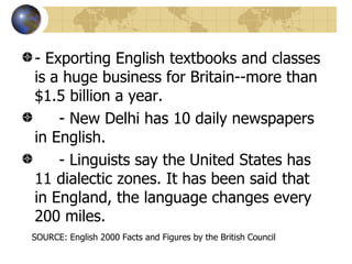 - Exporting English textbooks and classes is a huge business for Britain--more than $1.5 billion a year.        - New Delhi has 10 daily newspapers in English.        - Linguists say the United States has 11 dialectic zones. It has been said that in England, the language changes every 200 miles.  SOURCE: English 2000 Facts and Figures by the British Council  