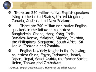 - There are 350 million native English speakers living in the United States, United Kingdom, Canada, Australia and New Zealand.        - There are 700 million non-native English speakers in the following countries: Bangladesh, Ghana, Hong Kong, India, Jamaica, Kenya, Malaysia, Nigeria, Pakistan, the Philippines, Singapore, South Africa, Sri Lanka, Tanzania and Zambia.        - English is widely taught in the following countries: China, Egypt, Indonesia, Israel, Japan, Nepal, Saudi Arabia, the former Soviet Union, Taiwan and Zimbabwe.  SOURCE: English 2000 Facts and Figures by the British Council  