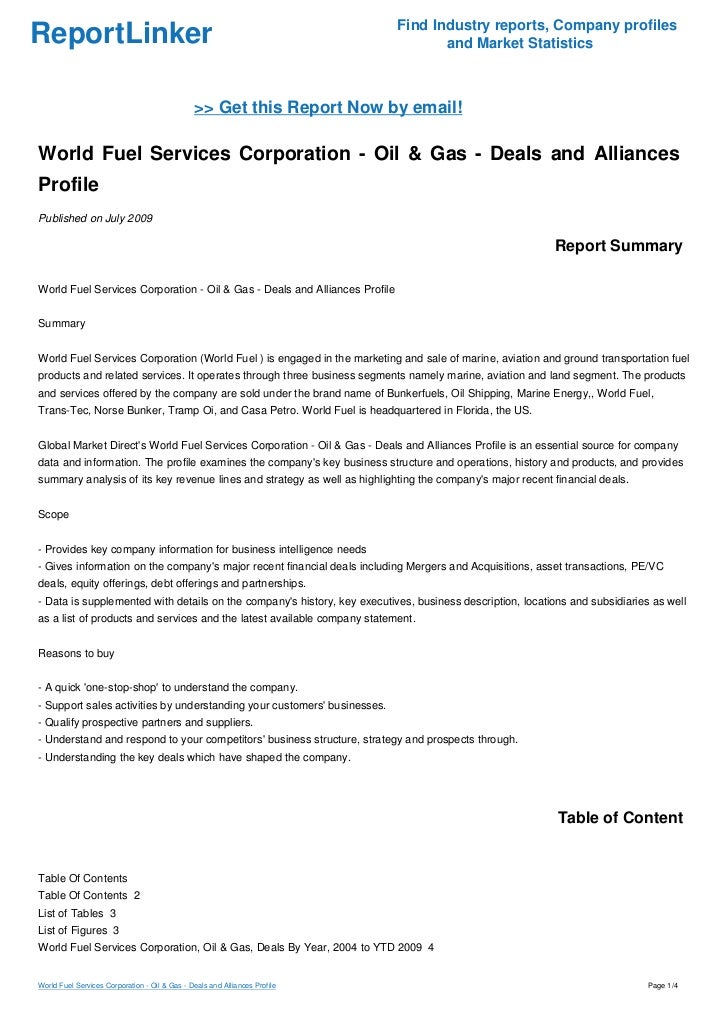 World Fuel Services Corporation Oil & Gas Deals and Alliances Profile