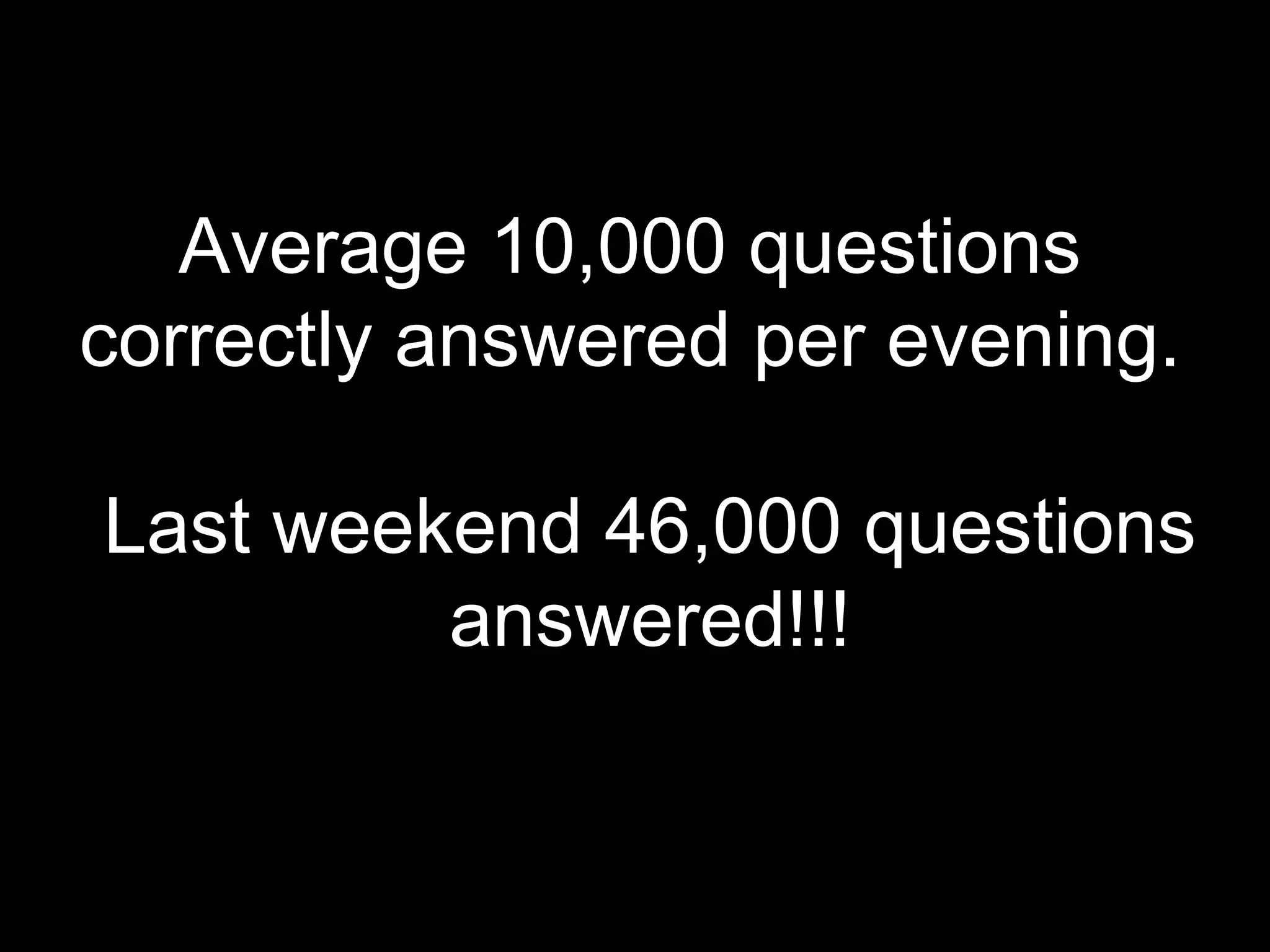 Average 10,000 questions correctly answered per evening. Last weekend 46,000 questions answered!!! 