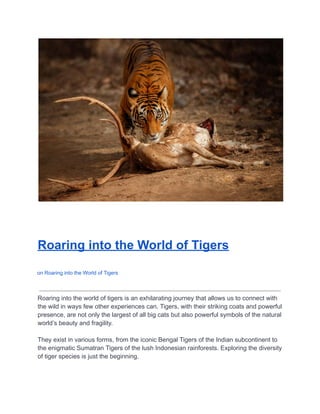 BlogTiger Story
Roaring into the World of Tigers
on Roaring into the World of Tigers
Roaring into the world of tigers is an exhilarating journey that allows us to connect with
the wild in ways few other experiences can. Tigers, with their striking coats and powerful
presence, are not only the largest of all big cats but also powerful symbols of the natural
world’s beauty and fragility.
They exist in various forms, from the iconic Bengal Tigers of the Indian subcontinent to
the enigmatic Sumatran Tigers of the lush Indonesian rainforests. Exploring the diversity
of tiger species is just the beginning.
 