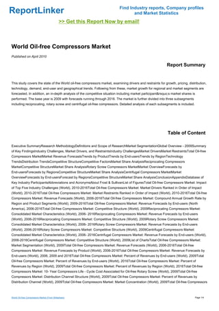 Find Industry reports, Company profiles
ReportLinker                                                                      and Market Statistics
                                             >> Get this Report Now by email!



World Oil-free Compressors Market
Published on April 2010

                                                                                                             Report Summary


This study covers the state of the World oil-free compressors market, examining drivers and restraints for growth, pricing, distribution,
technology, demand, end-user and geographical trends. Following from these, market growth for regional and market segments are
forecasted. In addition, an in-depth analysis of the competitive situation including market participant&rsquo;s market shares is
performed. The base year is 2009 with forecasts running through 2016. The market is further divided into three subsegments
including reciprocating, rotary screw and centrifugal oil-free compressors. Detailed analysis of each subsegments is included.




                                                                                                             Table of Content

Executive SummaryResearch MethodologyDefinitions and Scope of ResearchMarket SegmentationGlobal Overview - 2009Summary
of Key FindingsIndustry Challenges, Market Drivers, and RestraintsIndustry ChallengesMarket DriversMarket RestraintsTotal Oil-free
Compressors MarketMarket Revenue ForecastsTrends by ProductTrends by End-usersTrends by RegionTechnology
TrendsDistribution TrendsCompetitive StructureCompetitive FactorsMarket Share AnalysisReciprocating Compressors
MarketCompetitive StructureMarket Share AnalysisRotary Screw Compressors MarketMarket OverviewForecasts by
End-usersForecasts by RegionsCompetitive StructureMarket Share AnalysisCentrifugal Compressors MarketMarket
OverviewForecasts by End-usersForecast by RegionsCompetitive StructureMarket Share AnalysisConclusionAppendixDatabase of
Key Industry ParticipantsAbbreviations and AcronymsAbout Frost & SullivanList of FiguresTotal Oil-free Compressors Market: Impact
of Top Five Industry Challenges (World), 2010-2016Total Oil-free Compressors Market: Market Drivers Ranked in Order of Impact
(World), 2010-2016Total Oil-free Compressors Market: Market Restraints Ranked in Order of Impact (World), 2010-2016Total Oil-free
Compressors Market: Revenue Forecasts (World), 2006-2016Total Oil-free Compressors Market: Compound Annual Growth Rate by
Region and Product Segments (World), 2009-2016Total Oil-free Compressors Market: Revenue Forecasts by End-users (North
America), 2006-2016Total Oil-free Compressors Market: Competitive Structure (World), 2009Reciprocating Compressors Market:
Consolidated Market Characteristics (World), 2006- 2016Reciprocating Compressors Market: Revenue Forecasts by End-users
(World), 2006-2016Reciprocating Compressors Market: Competitive Structure (World), 2009Rotary Screw Compressors Market:
Consolidated Market Characteristics (World), 2006- 2016Rotary Screw Compressors Market: Revenue Forecasts by End-users
(World), 2006-2016Rotary Screw Compressors Market: Competitive Structure (World), 2009Centrifugal Compressors Market:
Consolidated Market Characteristics (World), 2006- 2016Centrifugal Compressors Market: Revenue Forecasts by End-users (World),
2006-2016Centrifugal Compressors Market: Competitive Structure (World), 2009List of ChartsTotal Oil-free Compressors Market:
Market Segmentation (World), 2009Total Oil-free Compressors Market: Revenue Forecasts (World), 2006-2016Total Oil-free
Compressors Market: Revenue Forecasts by Product (World), 2006-2016Total Oil-free Compressors Market: Revenue Forecasts by
End-users (World), 2006, 2009 and 2016Total Oil-free Compressors Market: Percent of Revenues by End-users (World), 2009Total
Oil-free Compressors Market: Percent of Revenues by End-users (World), 2016Total Oil-free Compressors Market: Percent of
Revenues by Region (World), 2009Total Oil-free Compressors Market: Percent of Revenues by Region (World), 2016Total Oil-free
Compressors Market: 10- Year Compressors Life - Cycle Cost Associated for Oil-free Rotary Screw (World), 2009Total Oil-free
Compressors Market: Distribution Channel Structure (World), 2009Total Oil-free Compressors Market: Percent of Revenues by
Distribution Channel (World), 2009Total Oil-free Compressors Market: Market Concentration (World), 2009Total Oil-free Compressors



World Oil-free Compressors Market (From Slideshare)                                                                                Page 1/4
 