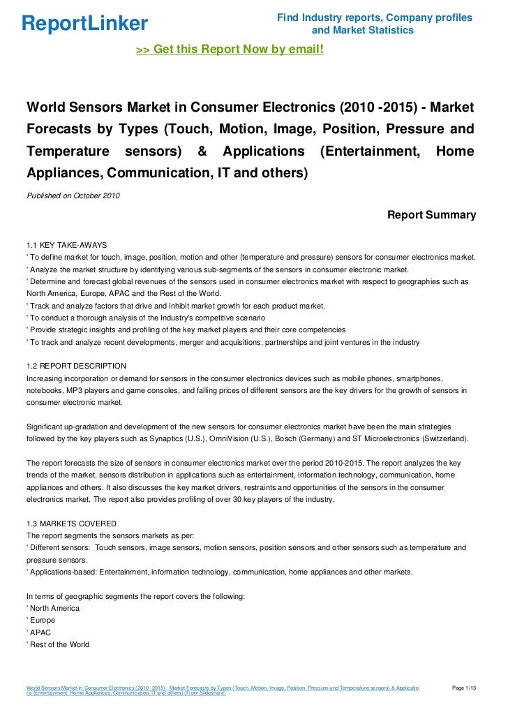 World Sensors Market in Consumer Electronics (2010 2015) Market