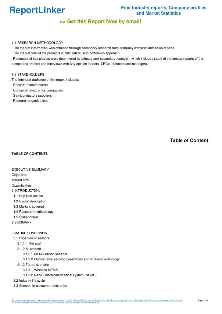 World Sensors Market in Consumer Electronics (2010 2015) Market