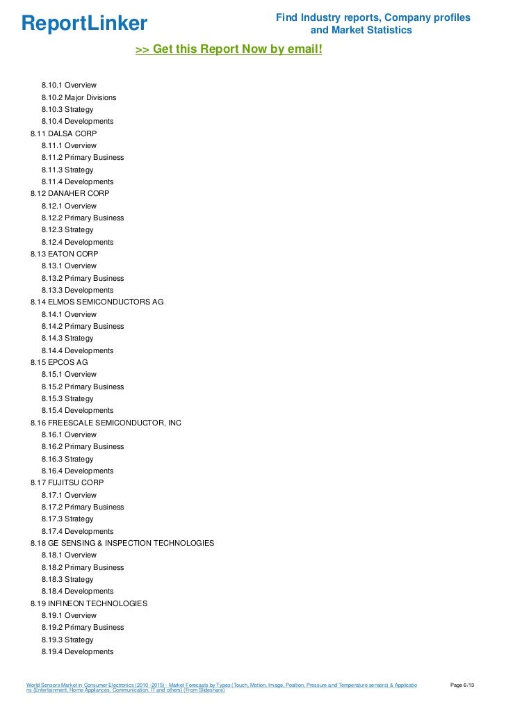 World Sensors Market in Consumer Electronics (2010 2015) Market