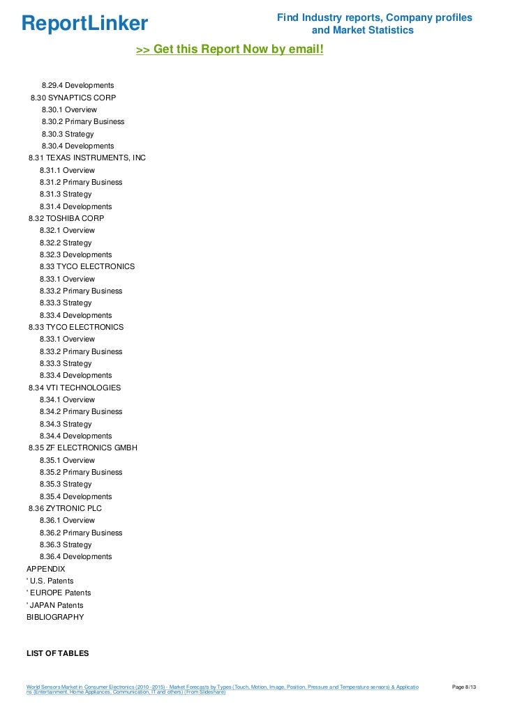 World Sensors Market in Consumer Electronics (2010 2015) Market