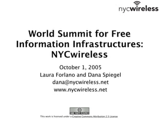 World Summit for Free
Information Infrastructures:
       NYCwireless
            October 1, 2005
     Laura Forlano and Dana Spiegel
         dana@nycwireless.net
          www.nycwireless.net



     This work is licensed under a Creative Commons Attribution 2.5 License