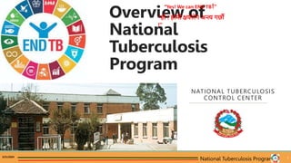 National Tuberculosis Program
Overview of
National
Tuberculosis
Program
NATIONAL TUBERCULOSIS
CONTROL CENTER
“Yes! We can END TB!”
“हो ! हामी क्षयरोग अन्त्य गर्छौ
!”
1
3/21/2024 3/21/2024 1
3/21/2024 1
National Tuberculosis Program
 