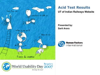 Acid Test Results UT of Indian Railways Website Presented by: Sarit Arora 