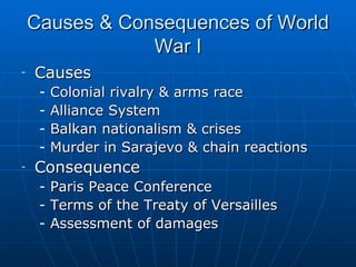 Causes & Consequences of World War I ,[object Object],[object Object],[object Object],[object Object],[object Object],[object Object],[object Object],[object Object],[object Object]