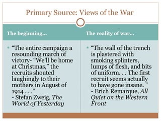 The beginning… The reality of war… “ The entire campaign a resounding march of victory- “We’ll be home at Christmas,” the recruits shouted laughingly to their mothers in August of 1914 . . .” - Stefan Zweig,  The World of Yesterday “ The wall of the trench is plastered with smoking splinters, lumps of flesh, and bits of uniform. . . The first recruit seems actually to have gone insane. ” - Erich Remarque,  All Quiet on the Western Front Primary Source: Views of the War  