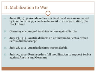 II. Mobilization to War June 28, 1914- Archduke Francis Ferdinand was assassinated by Gavrilo Princip, a Serbian terrorist in an organization, the Black Hand Germany encouraged Austrian action against Serbia July 23, 1914- Austria delivers an ultimatum to Serbia, which Serbia did not accept July 28, 1914- Austria declares war on Serbia July 30, 1914- Russia orders full mobilization to support Serbia against Austria and Germany 