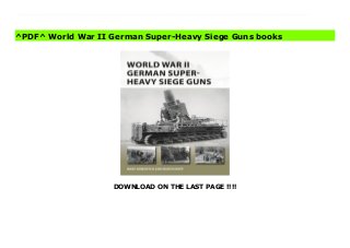 DOWNLOAD ON THE LAST PAGE !!!!
(Free Download) World War II German Super-Heavy Siege Guns books This is a new history of Germany's powerful super-heavy siege artillery of World War II, which were designed to smash the most formidable fortresses on the Western and Eastern fronts.As the outbreak of World War II approached, Nazi Germany ordered artillery manufacturers Krupp and Rheimetall-Borsig to build several super-heavy siege guns, vital to smash through French and Belgian fortresses that stood in the way of the Blitzkrieg. These “secret weapons” were much larger than the siege artillery of World War I and included the largest artillery piece of the war, the massive 80cm railway gun “schwere Gustav” (Heavy Gustav). However, these complex and massive artillery pieces required years to build and test and, as war drew near, the German High Command hastily brought several WWI-era heavy artillery pieces back into service and then purchased, and later confiscated, a large number of Czech Skoda mortars. The new super siege guns began entering service in time for the invasion of Russia, notably participating in the attack on the fortress of Brest-Litovsk. The highpoint for the siege artillery was the siege of Sevastopol in the summer of 1942, which was the largest concentration of siege guns in the war. Afterwards, when Germany was on the defensive in the second half of 1943, the utility of the guns was greatly diminished, and they were employed in a piecemeal and sporadic fashion on both the Eastern and Western Fronts. In total, the German Army used some 50 siege guns during World War II, far more than the thirty-five it had during World War I.Supported by contemporary photographs and detailed artwork of the guns and their components, this is an essential guide to these guns, exploring their history, development, and deployment in stunning detail.
^PDF^ World War II German Super-Heavy Siege Guns books
 