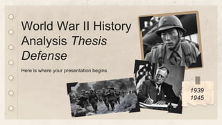 World War II History
Analysis Thesis
Defense
Here is where your presentation begins
1939
1945
 