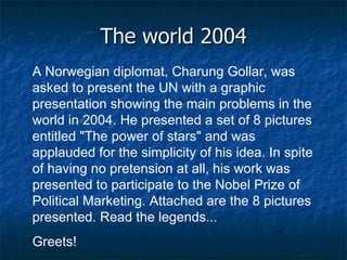 The world 2004 A Norwegian diplomat, Charung Gollar, was asked to present the UN with a graphic presentation showing the main problems in the world in 2004. He presented a set of 8 pictures entitled &quot;The power of stars&quot; and was applauded for the simplicity of his idea. In spite of having no pretension at all, his work was presented to participate to the Nobel Prize of Political Marketing. Attached are the 8 pictures presented. Read the legends... Greets! 