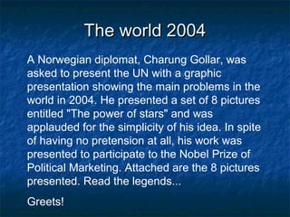 The world 2004The world 2004
A Norwegian diplomat, Charung Gollar, was
asked to present the UN with a graphic
presentation showing the main problems in the
world in 2004. He presented a set of 8 pictures
entitled "The power of stars" and was
applauded for the simplicity of his idea. In spite
of having no pretension at all, his work was
presented to participate to the Nobel Prize of
Political Marketing. Attached are the 8 pictures
presented. Read the legends...
Greets!
 